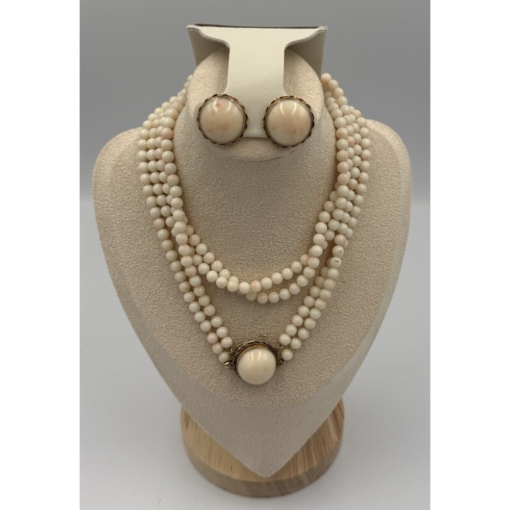 Vintage Angel Skin Coral 14K Gold 2-Strand Necklace & Earring Set Clasp 55g